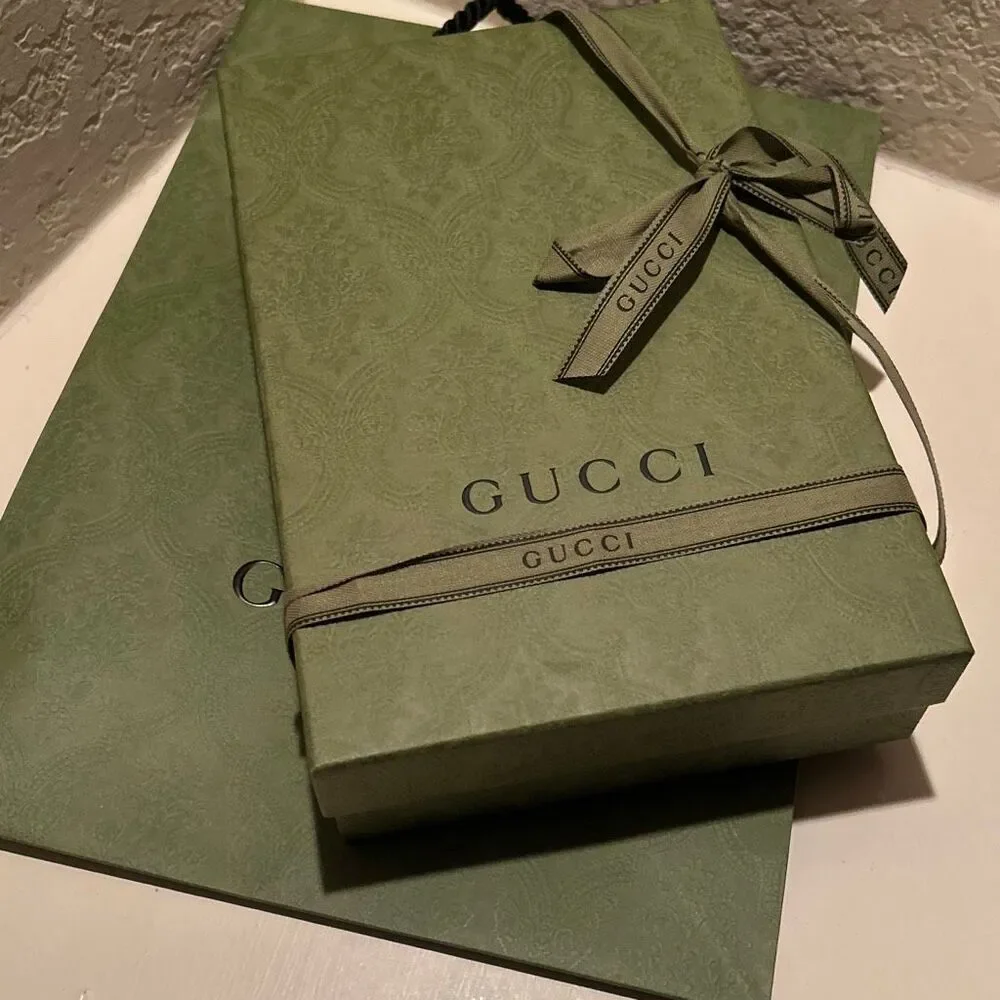 Gucci Shopping Bag Box & Ribbon Olive Green Gift Set Wrapping Small Size